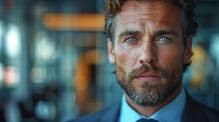 Obraz premium A brooding portrait of a man with piercing blue eyes and dark hair, wearing professional attire with a modern backdrop