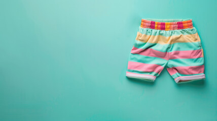 Colorful striped shorts on teal background