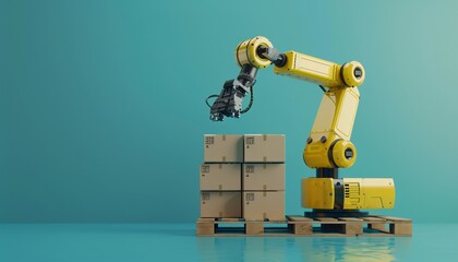 Robot Arm in the Manufacturing Process Stacking Product Packaging on a Conveyor Robot arm in the manufacturing process in industry