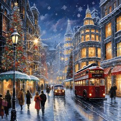 Christmas scene with red double decker bus and people on a snowy street in London