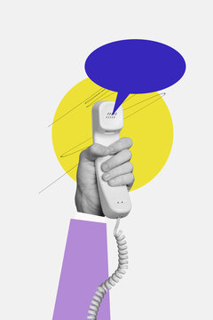 Vertical collage poster human hand hold telephone landline wire cable customer support textbox speech answer call hello