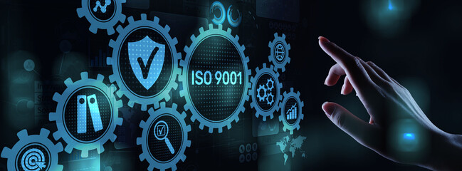 ISO 9001 Standards quality control business technology concept on virtual screen.