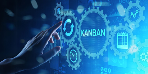 Kanban work flow process management system concept on virtual screen.