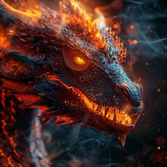 A detailed close-up portrait of a fire dragon's head with glowing eyes, sharp teeth, and emitting smoke and sparks.