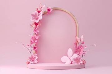 Pink butterfly floral podium for wedding or cosmetic stage with gold arch and spring showcase background.