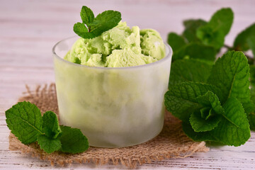 Mint sorbet in a glass. A refreshing summer dessert.

