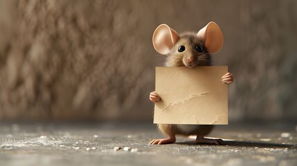 Mouse with a Blank Sign: A tiny mouse standing on its hind legs, holding a blank sign with its...