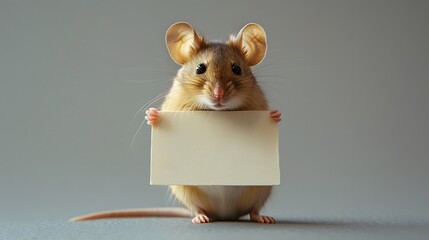 Mouse with a Blank Sign: A tiny mouse standing on its hind legs, holding a blank sign with its...