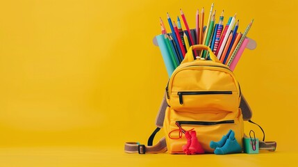 Back to school donation drive concept. Top view cardboard box with backpack full of colorful school supplies.