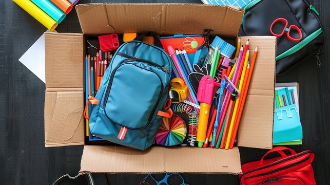 Back to school donation drive concept. Top view cardboard box with backpack full of colorful school supplies.