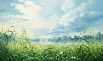 Obraz premium Lush green meadow under a bright blue sky with fluffy clouds, ideal for nature, travel, and inspirational content and background 