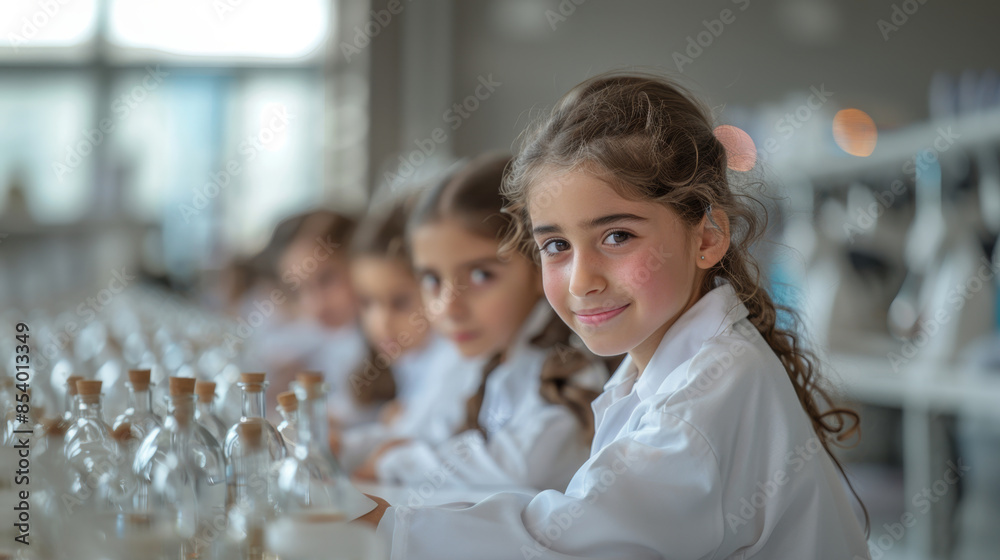 Poster a young girl smiles as she sits in a science class with her classmates. she is wearing a white lab c
