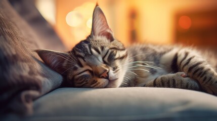a cat curled up sleeping on a couch with bokeh lights on a blurred background