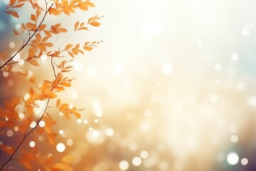 Fototapeta premium Abstract Autumn Background with Tree Branch. Golden and Yellow Fall Leaves in Natural Bokeh Light