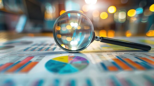 magnifying glass and data report on the table, business analysis concept