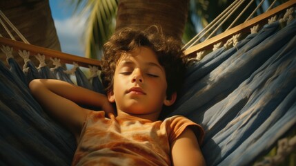 child asleep in a hammock under a palm tree, their peaceful slumber a testament to the tranquil beauty of the tropical setting.