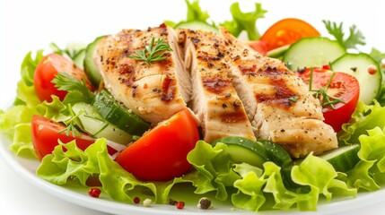 A delicious vegetable salad with grilled chicken breast, including tomatoes, cucumbers, and mixed lettuce leaves