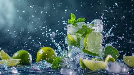 A refreshing mojito cocktail in freeze motion, featuring lime, mint leaves, ice, and liquid splash