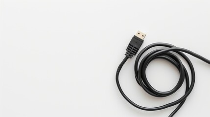 Naklejka premium Black power cable on white backdrop Close up Empty space