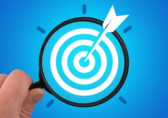 Magnifier glass on target objective. planning development