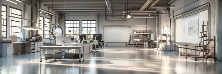 A modern, spacious artist studio featuring AI tools, digital canvases, and interactive design elements. Generative AI