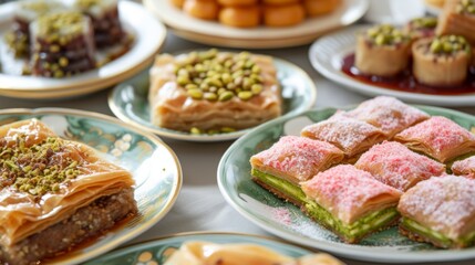 Fototapeta premium Eastern sweets, including baklava and Turkish delight, with almond, cashew, and pistachio nuts