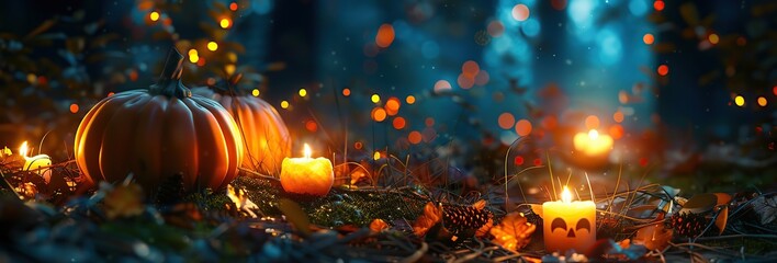 Halloween Pumpkin Head with Carved Scary Smiling Face at Night Outside. Jack-O-Lantern, Burning Candles Outdoor. Halloween Dark Composition Backyard Decor. Pumpkins Black Background. All Saints Day