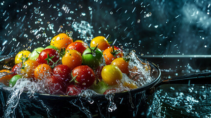 multi-colored tomatoes in a bowl with a stream of water on top