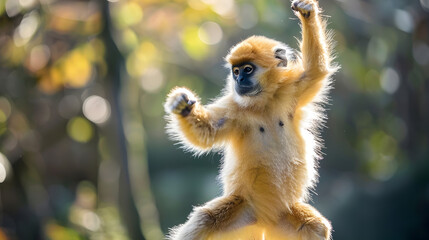 Obraz premium Golden monkey in a nature reserve practicing martial arts movements, symbolizing agility and strength.