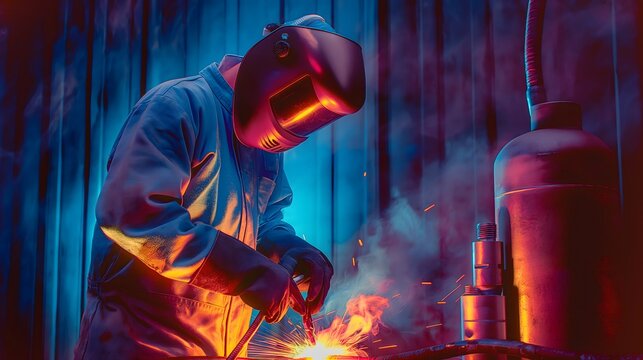 Illustration of welder at work, welding work, welding sparks, worker working, dark background