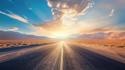 Fototapeta premium Empty Highway Through the Desert at Sunset with Mountains in the Background. Asphalt Road Leading to Horizon, Blue Sky with Clouds Bokeh, Beautiful Landscape