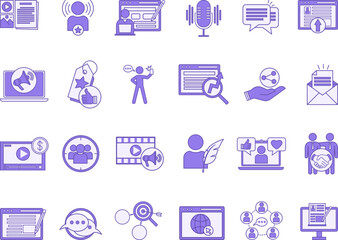 Colored Blogger Icon Set. Vector Icon Social Media, Digital Marketing, Influencer, Monetization, Podcasting, Website, Blogging, Niche, Branding, Comments, and Other