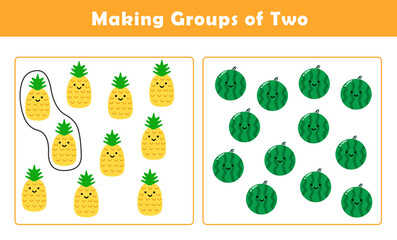 Making Groups of Two Worksheet. Grouping Picture Math Activity for Kids. Fun Math Activity for Children. Counting with Cute Pictures Worksheet.