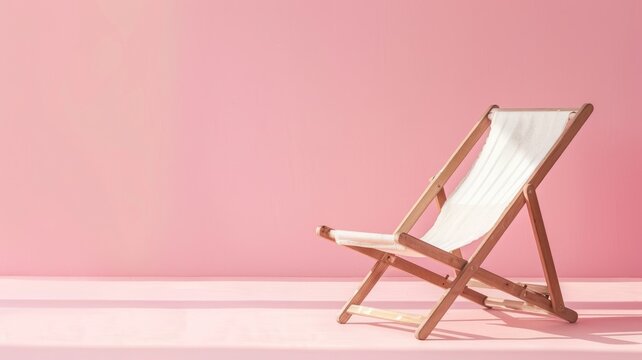 Wooden deck chair with white fabric against pink background