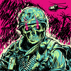 Vector Illustration of a Flaming Soldier Skull with Helicopter in the Background