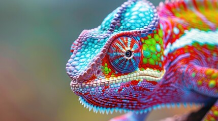 Close-up of a tropical chameleon, its skin awash with vibrant colors. A perfect example of nature's artistry in color change.