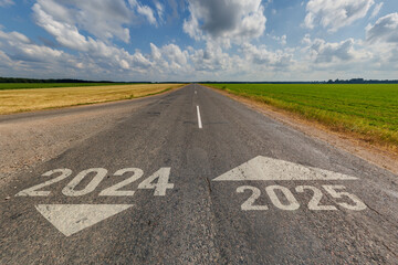 numbers 2024, 2025 on asphalt road highway. concept of destination in future, freedom, work start, run, planning, challenge, target, go, start, new year