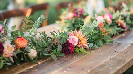 A close-up shot of a rustic wooden table adorned with a colorful floral garland, perfect for a wedding or special event. The garland features pink, orange, and burgundy blooms with lush greenery.