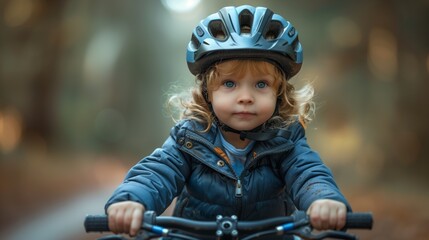 Naklejka premium A young child wearing a helmet rides a bicycle on a path through the woods.
