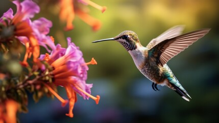 Fototapeta premium delicate hummingbird hovering near a vibrant wildflower.