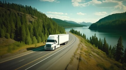 White Semi Truck Driving on Scenic Road Near a Lake. Transporting Commercial Cargo in Refrigerated Semi-Trailer, Green Trees in Landscape Background