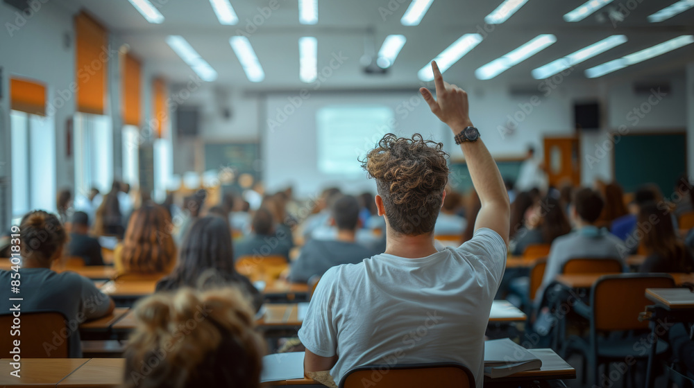 Poster A student raises their hand in a classroom setting during a lecture. Other students are visible in the background.