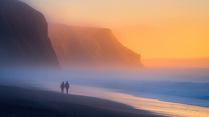 A two friends walking on a beach at dawn, with waves crashing in the background