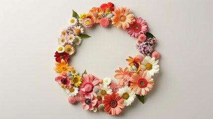 Beautiful floral wreath made of colorful flowers on a light background, perfect for spring or summer decorations.