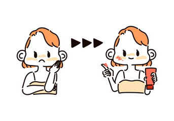 くすみに悩む女性のビフォーアフターのイラスト