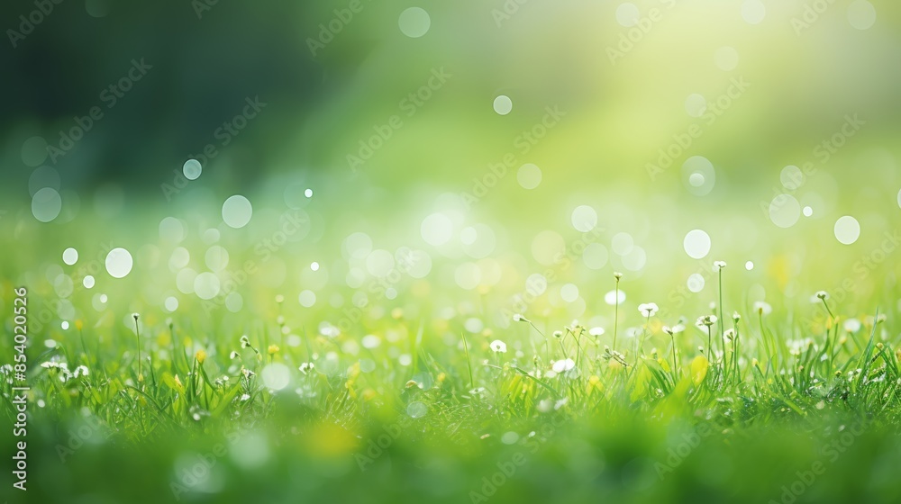 Poster fresh spring green grass background with a subtle bokeh effect, creating a dreamy and ethereal atmosphere.