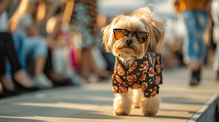 Dog fashion model strutting down a runway in stylish doggy attire.


