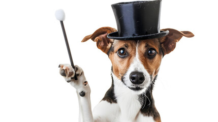 Dog magician performing tricks with a top hat and magic wand.


