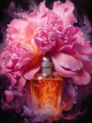 Transparent bottle of perfume. Luxury fragrance presentation, fancy vibrant studio shot, perfumery ad. Richly decorated with flowers