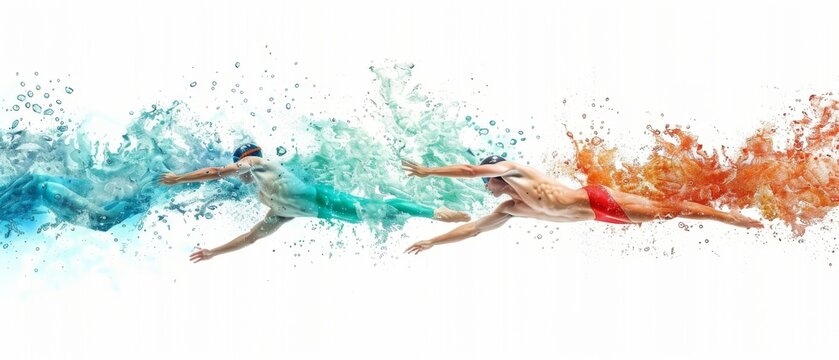 Dynamic image capturing three swimmers in colorful splashes, showcasing powerful strokes and motion against a white background.